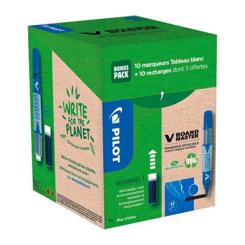 Pack de 10 Rotulador permanentees borrables V-Board Master Pilot + 10 recargas, 5 gratis azul