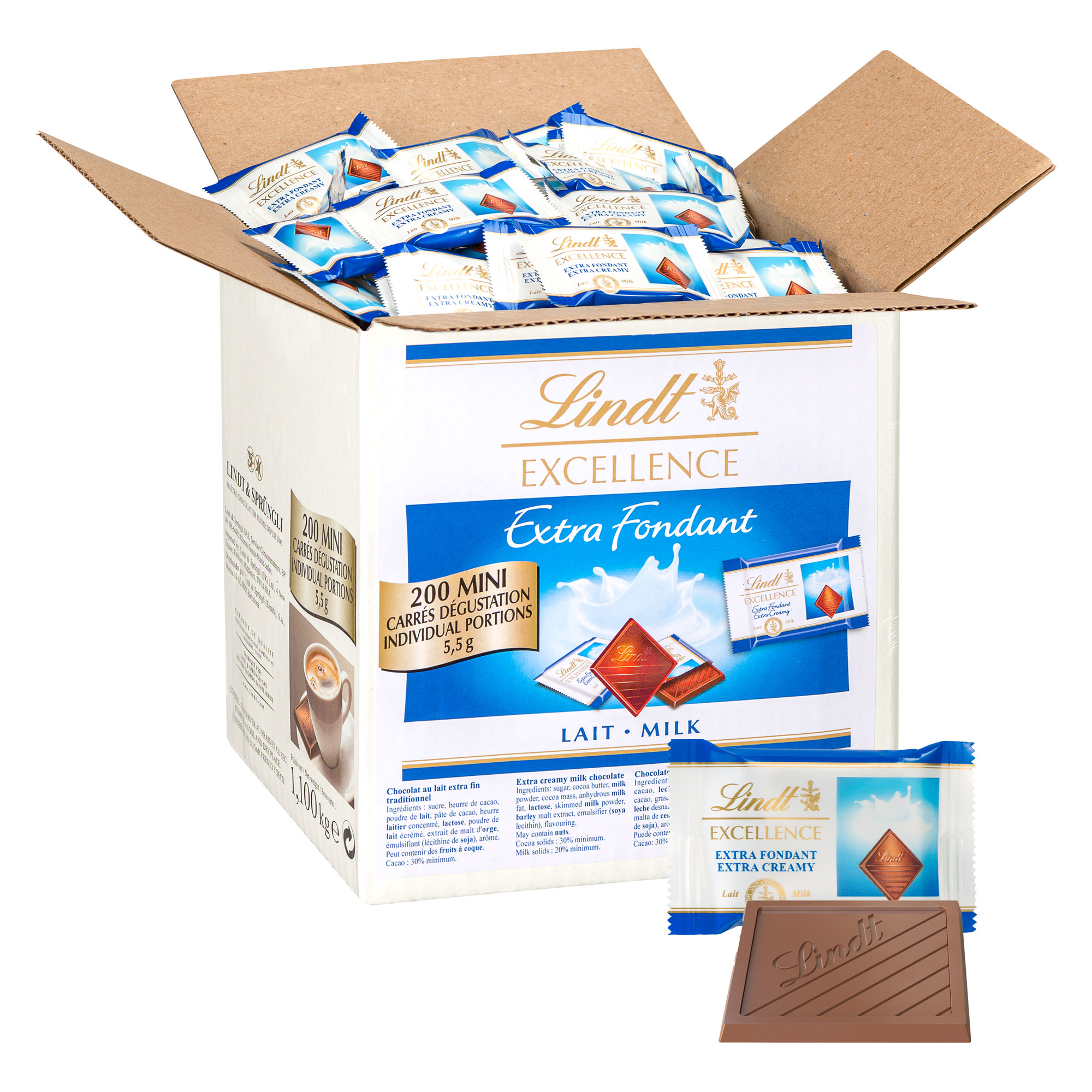 Carrés chocolat lait Excellence Extra-fondant Lindt - Carton de 1,1 kg -  200 pièces sur