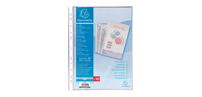 Exacompta smooth polypropylene punched sleeves 6/100 A4 - Box of 100