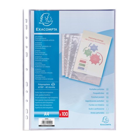 Fundas multitaladro Exacompta en polipropileno liso 6/100 - A4 Caja de 100