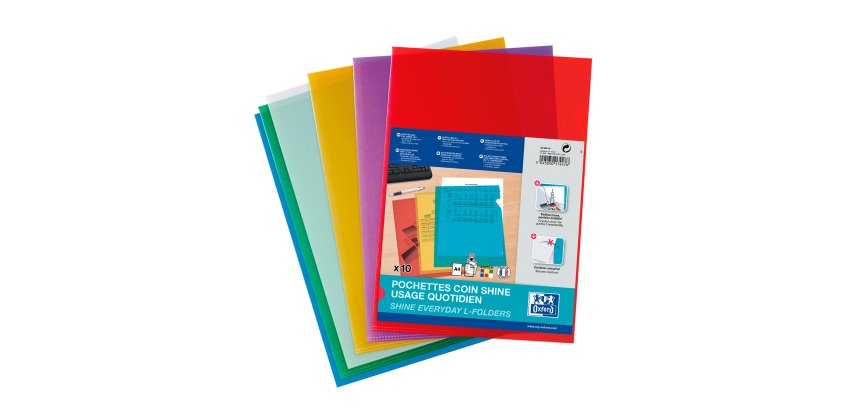 Chemise coin plastique Oxford A4 polypropylène 12/100e transparente couleurs - sachet de 10