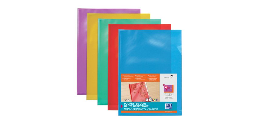Chemise coin plastique Oxford A4 PVC 15/100e transparente - couleurs assorties - sachet de 10