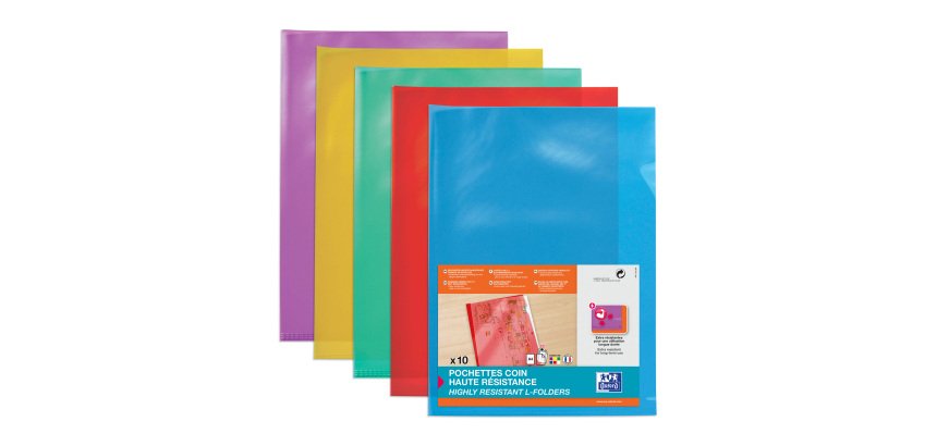 Chemise coin plastique Oxford A4 PVC 15/100e transparente - couleurs assorties - sachet de 10