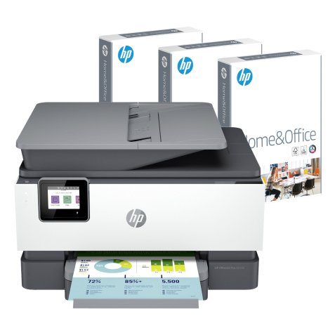 Pack multifonction A4 jet encre 4 en 1 HP OfficeJet Pro 9010e + 3 ramettes papier HP