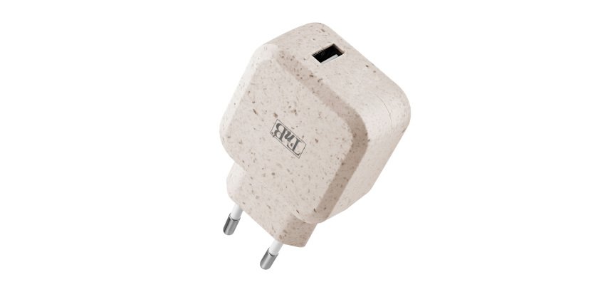 Cargador de red 12W USB-A Ecológico de TnB 45% reciclado de fibras vegetales - carga rápida Color arena