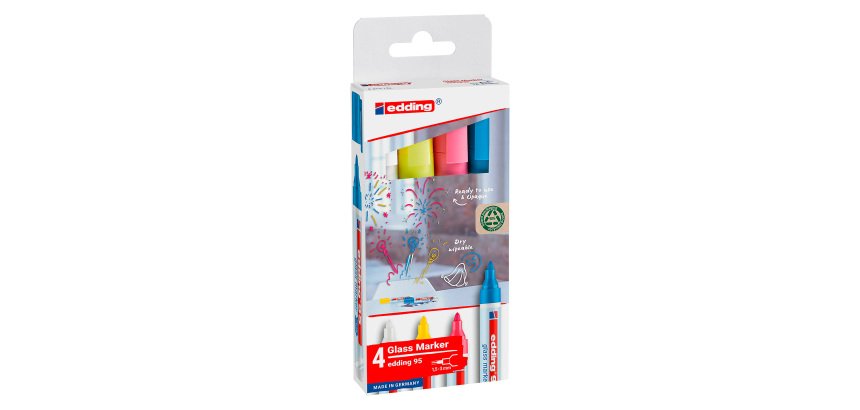 Rotulador para pizarra de cristal borrable edding 95 Glass Marker- Bolsa de 4 surtidos