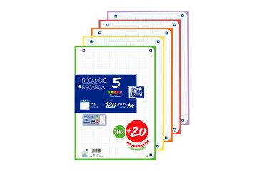 Recambio Oxford pq 100+20 hojas 5x5 A4 90 gr 5 surtidos