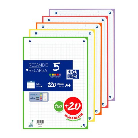 Recambio Oxford pq 100+20 hojas 5x5 A4 90 gr 5 surtidos vivos