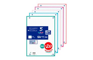 Recambio Oxford pq 100+20 hojas 5x5 A4 90 gr 5 surtidos