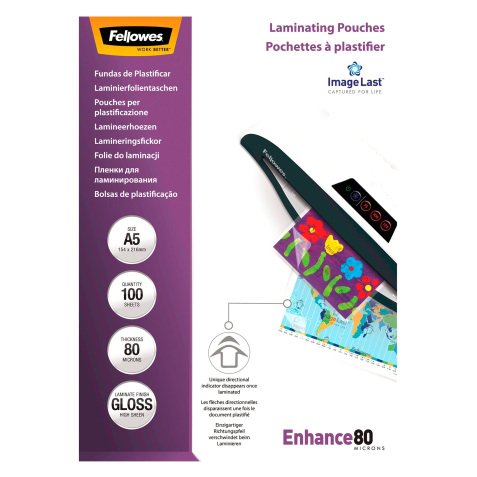 Pochettes de plastification Fellowes A5 80 µ brillantes - Boite de 100