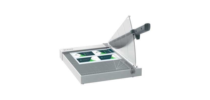 Leitz Precision Home Office Guillotine Paper Cutter 9019 A4 305 mm Steel Blade Laminated Wooden Bed EdgeGlow Light Grey 10 Sheets