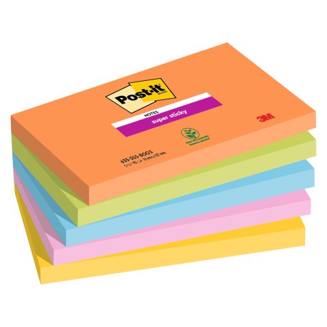 Post-it Super Sticky Notes 76 x 127 mm Blue, Green, Orange, Pink, Yellow Rectangular Plain 5 Pads of 90 Sheets