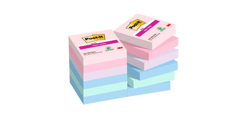 Post-it Super Sticky Notes 48 x 48 mm Blue, Green, Lavender, Pink Squared Plain 12 Pads of 90 Sheets