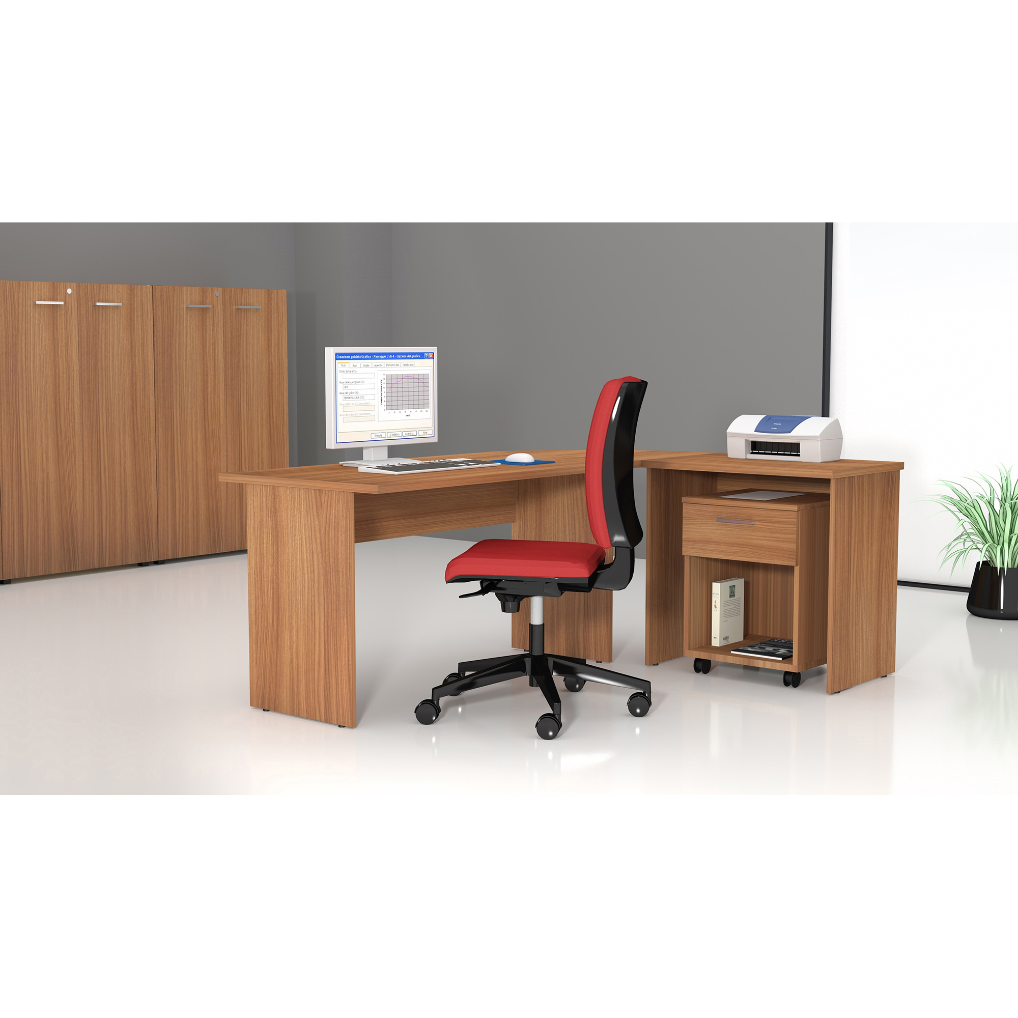 Set Office scrivania,allungo e cassettiera Noce