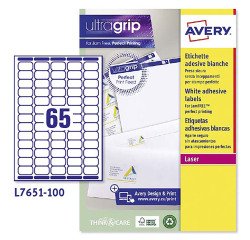 Etichette adesive Avery Mini in carta bianca 38,1x21,2mm, 65 etichette per foglio, adesivo permanente, laser, 100 fogli