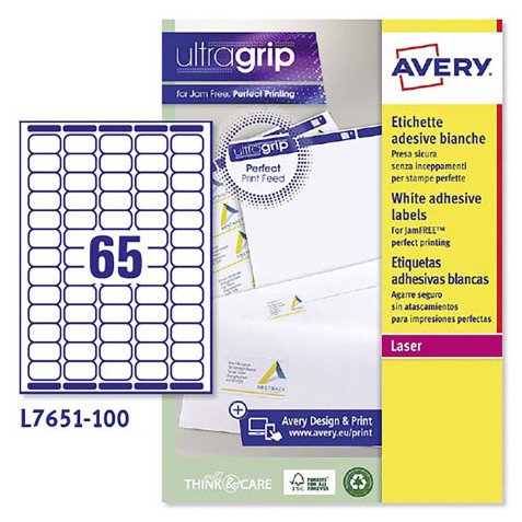 Avery UltraGrip Mini Address Labels L7651-100 Self Adhesive 38.1 x 21.2 mm White Rectangular 100 Sheets of 65 Labels