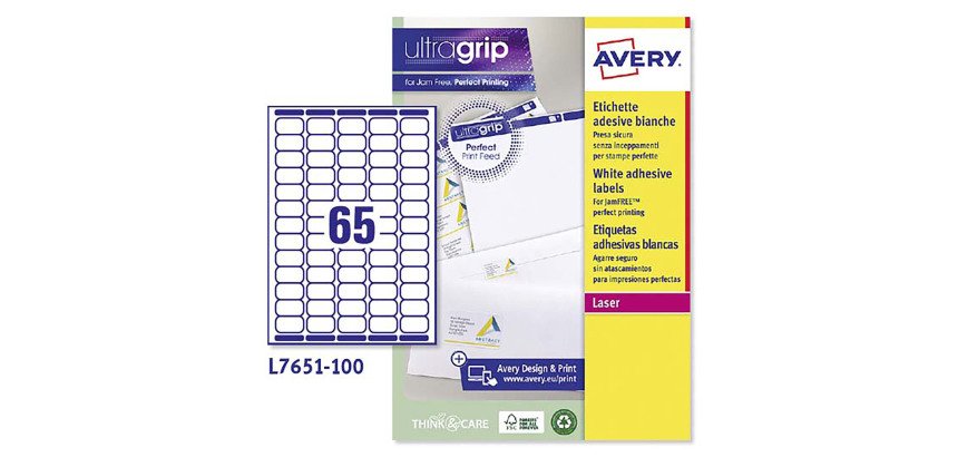 Etichette adesive Avery Mini in carta bianca 38,1x21,2mm, 65 etichette per foglio, adesivo permanente, laser, 100 fogli