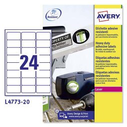 Etichette adesive Avery resistenti in poliestere bianco 63,5x33,9mm, 24 etichette per foglio, adesivo permanente, laser, 20 fogli