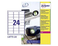 Etichette adesive Avery resistenti in poliestere bianco 63,5x33,9mm, 24 etichette per foglio, adesivo permanente, laser, 20 fogli