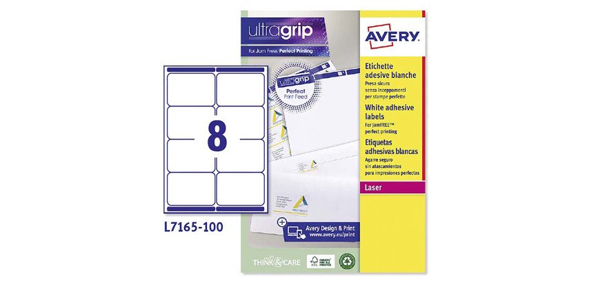 Etichette adesive Avery in carta bianca 99,1x67,7mm, 8 etichette per foglio, adesivo permanente, laser, 100 fogli