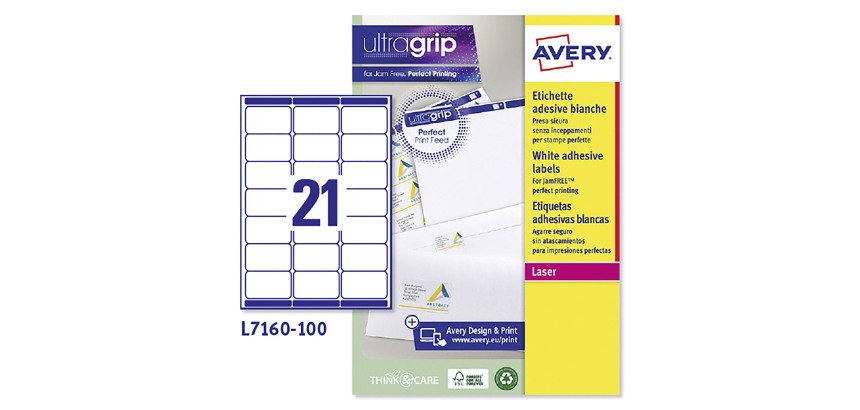 Avery L7160-100 Address Labels Self Adhesive 63.5 x 38.1 mm White 100 Sheets of 21 Labels