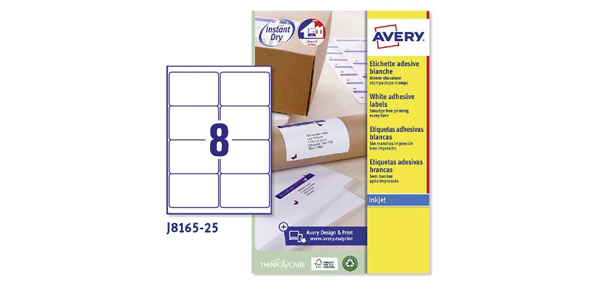 Etichette adesive Avery in carta bianca 99,1x67,7mm, 8 etichette per foglio, adesivo permanente, inkjet, 25 fogli