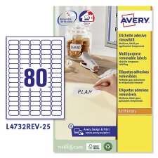 Etichette adesive rimovibili Avery in carta bianca riciclata 35,6 x 16,9mm, 80 etichette per foglio, adesivo rimovibile, laser e inkjet, 25 fogli