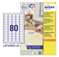 Etichette adesive rimovibili Avery in carta bianca riciclata 35,6 x 16,9mm, 80 etichette per foglio, adesivo rimovibile, laser e inkjet, 25 fogli