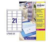 Etichette adesive Avery trasparenti lucide 63,5x38,1mm, 21 etichette per foglio, adesivo permanente, laser, 25 fogli