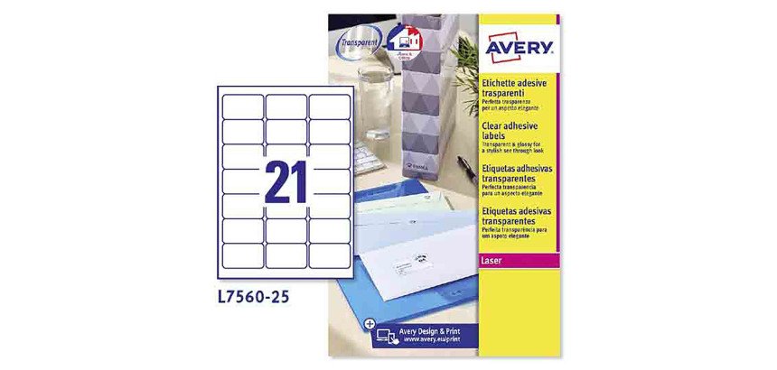 Avery L7560-25 Address Labels Self Adhesive 63.5 x 38.1 mm Clear 25 Sheets of 21 Labels