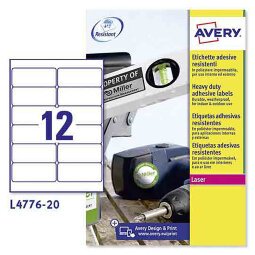 Etichette Avery resistenti in poliestere bianco 99,1x42,3mm, 12 etichette per foglio, adesivo permanente, laser, 20 fogli