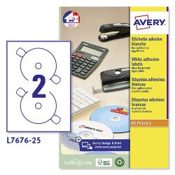 Etichette adesive Avery in carta bianca per CD d.117mm, 2 etichette per foglio, adesivo permanente, laser, 25 fogli