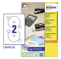 Etichette adesive Avery in carta bianca per CD d.117mm, 2 etichette per foglio, adesivo permanente, laser, 25 fogli