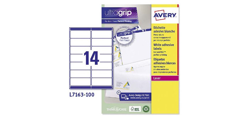 Etichette adesive Avery in carta bianca 99,1x38,1mm, 14 etichette per foglio, adesivo permanente, laser, 100 fogli