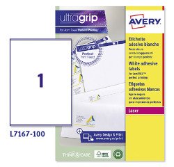 Etichette adesive Avery in carta bianca 199,6x289,1mm, 1 etichetta per foglio, adesivo permanente, laser, 100 fogli