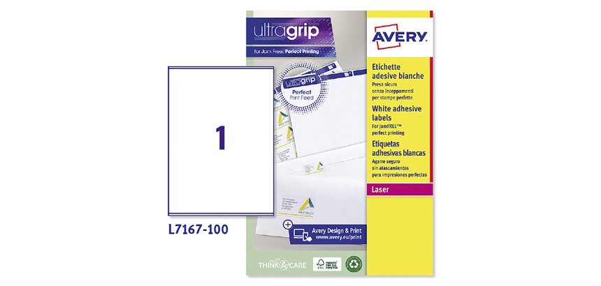 Etichette adesive Avery in carta bianca 199,6x289,1mm, 1 etichetta per foglio, adesivo permanente, laser, 100 fogli