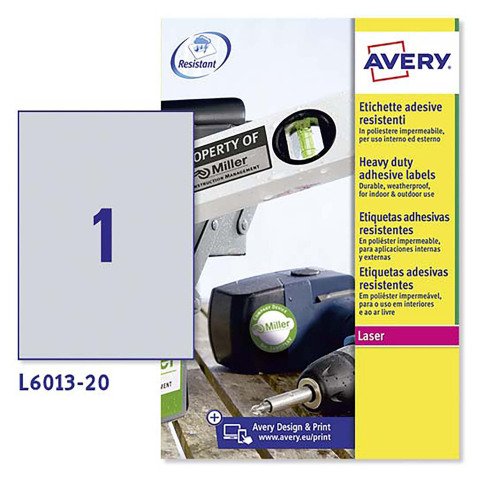 Etichette adesive Avery resistenti in poliestere argento 210x297mm, 1 etichetta per foglio, adesivo permanente, laser, 20 fogli