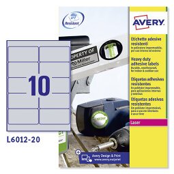 Etichette adesive Avery resistenti in poliestere argento 96x50,8mm, 10 etichette per foglio, adesivo permanente, laser, 20 fogli