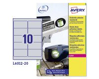 Etichette adesive Avery resistenti in poliestere argento 96x50,8mm, 10 etichette per foglio, adesivo permanente, laser, 20 fogli