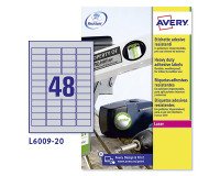 Etichette adesive Avery resistenti in poliestere argento 45,7x21,2mm, 48 etichette per foglio, adesivo permanente, laser, 20 fogli