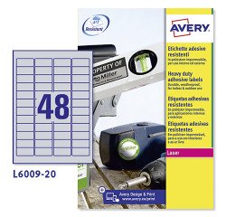 Etichette adesive Avery resistenti in poliestere argento 45,7x21,2mm, 48 etichette per foglio, adesivo permanente, laser, 20 fogli