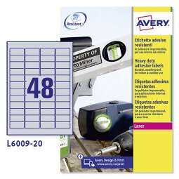 Etichette adesive Avery resistenti in poliestere argento 45,7x21,2mm, 48 etichette per foglio, adesivo permanente, laser, 20 fogli