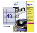 Etichette adesive Avery resistenti in poliestere argento 45,7x21,2mm, 48 etichette per foglio, adesivo permanente, laser, 20 fogli