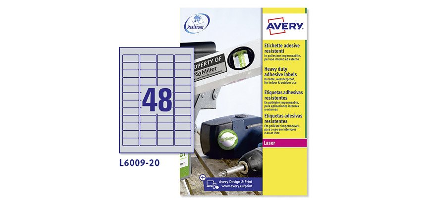 Etichette adesive Avery resistenti in poliestere argento 45,7x21,2mm, 48 etichette per foglio, adesivo permanente, laser, 20 fogli