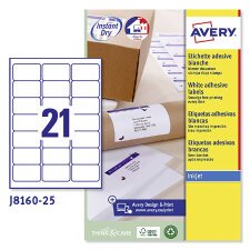 Etichette adesive Avery in carta bianca 63,5x38,1mm, 21 etichette per foglio, adesivo permanente, inkjet, 25 fogli