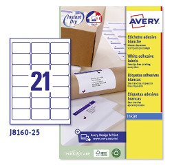 Etichette adesive Avery in carta bianca 63,5x38,1mm, 21 etichette per foglio, adesivo permanente, inkjet, 25 fogli
