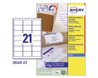 Etichette adesive Avery in carta bianca 63,5x38,1mm, 21 etichette per foglio, adesivo permanente, inkjet, 25 fogli