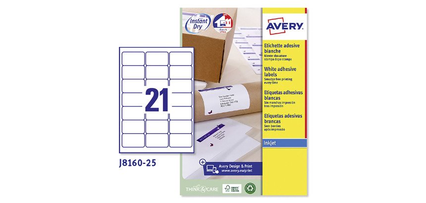 Etichette adesive Avery in carta bianca 63,5x38,1mm, 21 etichette per foglio, adesivo permanente, inkjet, 25 fogli