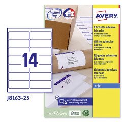 Etichette adesive Avery in carta bianca 99,1x38,1mm, 14 etichette per foglio, adesivo permanente, inkjet, 25 fogli