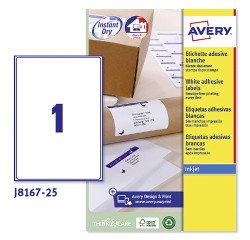 Etichette adesive Avery in carta bianca 199,6x289,1mm, 1 etichetta per foglio, adesivo permanente, inkjet, 25 fogli
